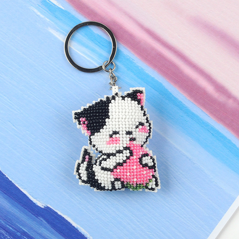 Cat Beaded Counted Cross Stitch Ornament Kit Cross Stitch Bead Keychain (5x6CM)