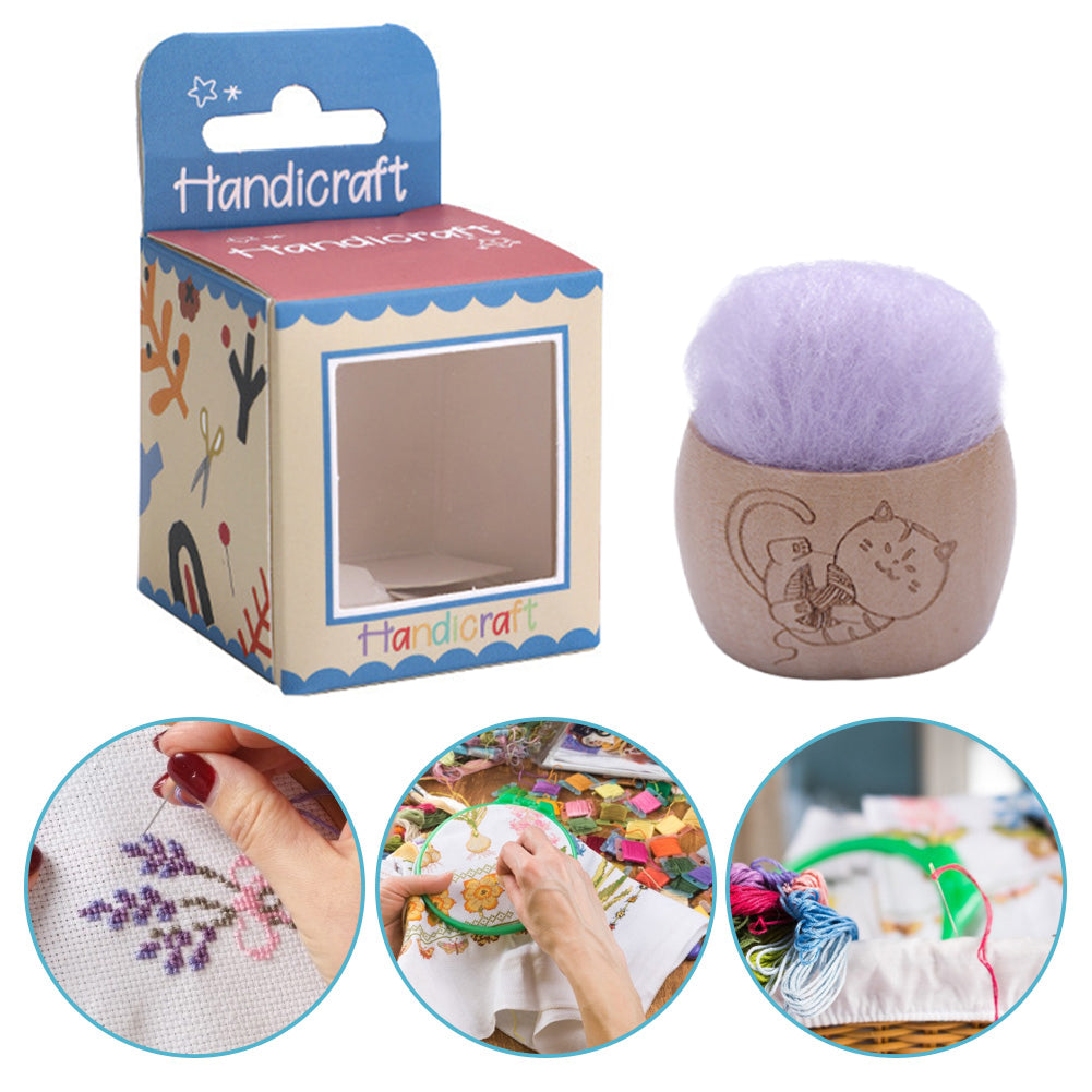 Wool Pin Cushion with Wooden Bowl Needle Cushion for DIY Art Craft(Light Purple)