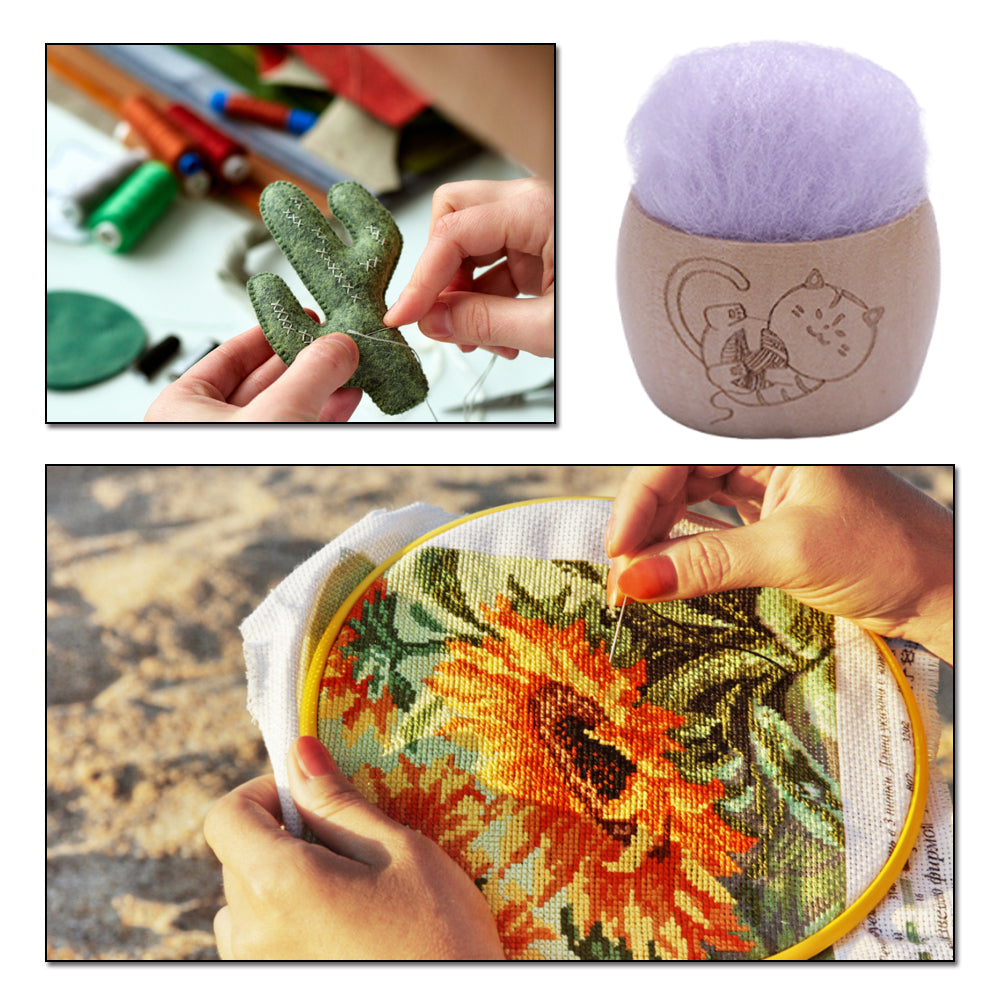 Wool Pin Cushion with Wooden Bowl Needle Cushion for DIY Art Craft(Light Purple)