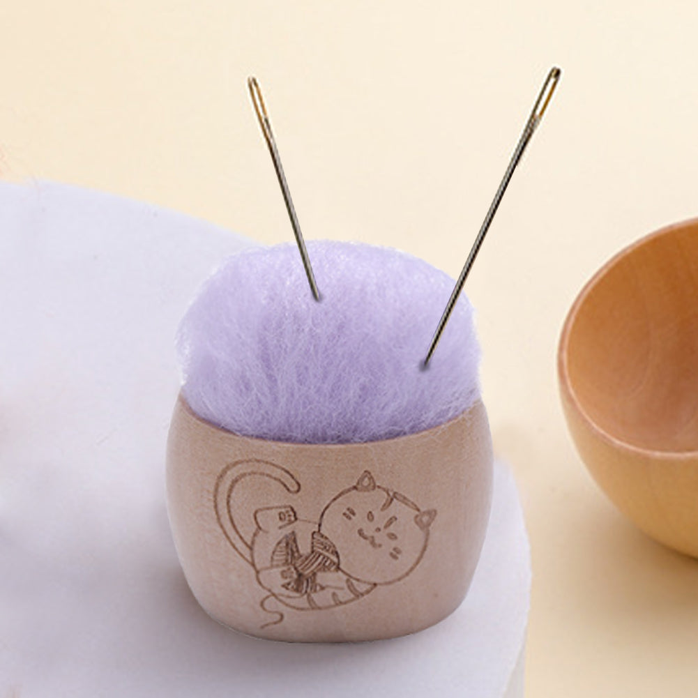 Wool Pin Cushion with Wooden Bowl Needle Cushion for DIY Art Craft(Light Purple)