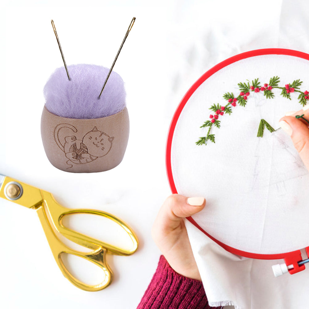 Wool Pin Cushion with Wooden Bowl Needle Cushion for DIY Art Craft(Light Purple)