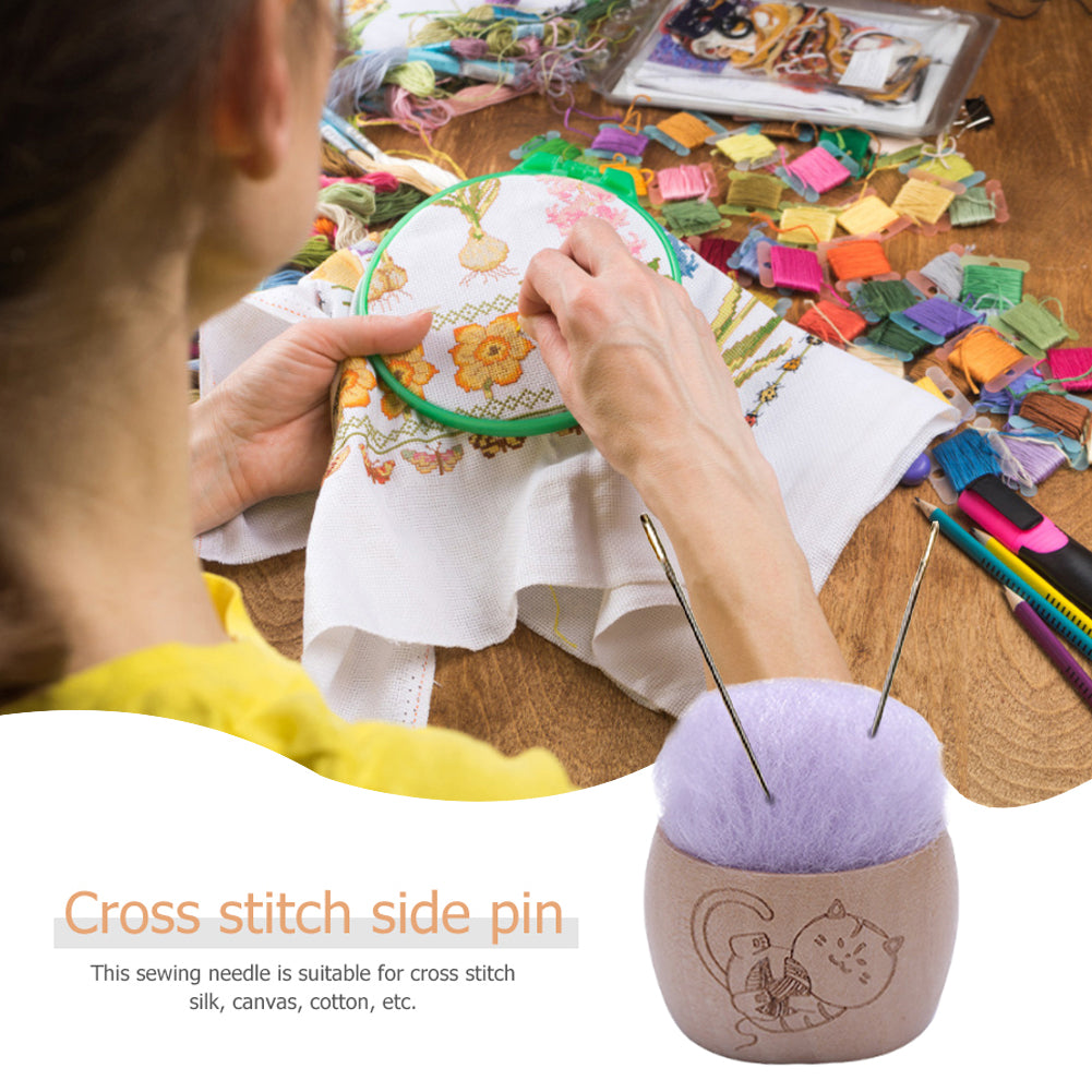 Wool Pin Cushion with Wooden Bowl Needle Cushion for DIY Art Craft(Light Purple)