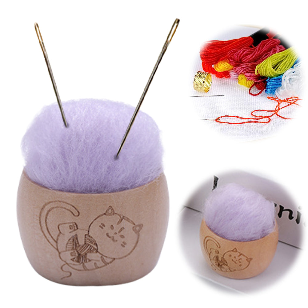 Wool Pin Cushion with Wooden Bowl Needle Cushion for DIY Art Craft(Light Purple)