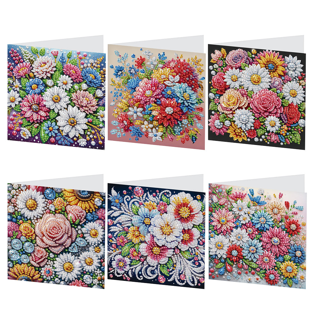 6Pcs Flowers Diamond Painting Greeting Card Rhinestones Diamond Wish Card