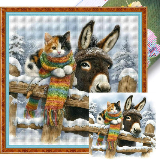 Donkey And Cat - Full 14CT Stamped Cross Stitch 40x40CM - Huacan