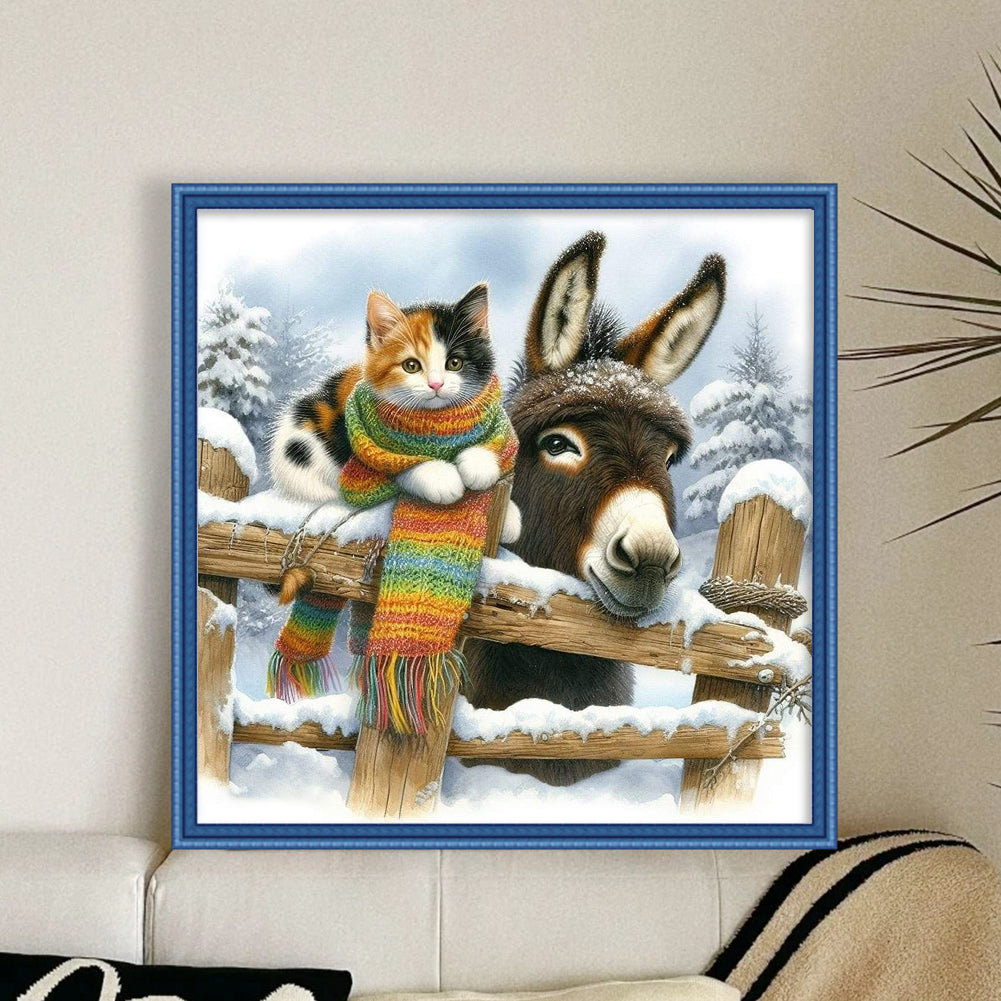 Donkey And Cat - Full 14CT Stamped Cross Stitch 40x40CM - Huacan