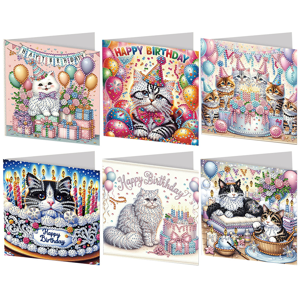 6PCS DIY Birthday Cat Diamond Art Greeting Cards Congratulations Cards & Gifts