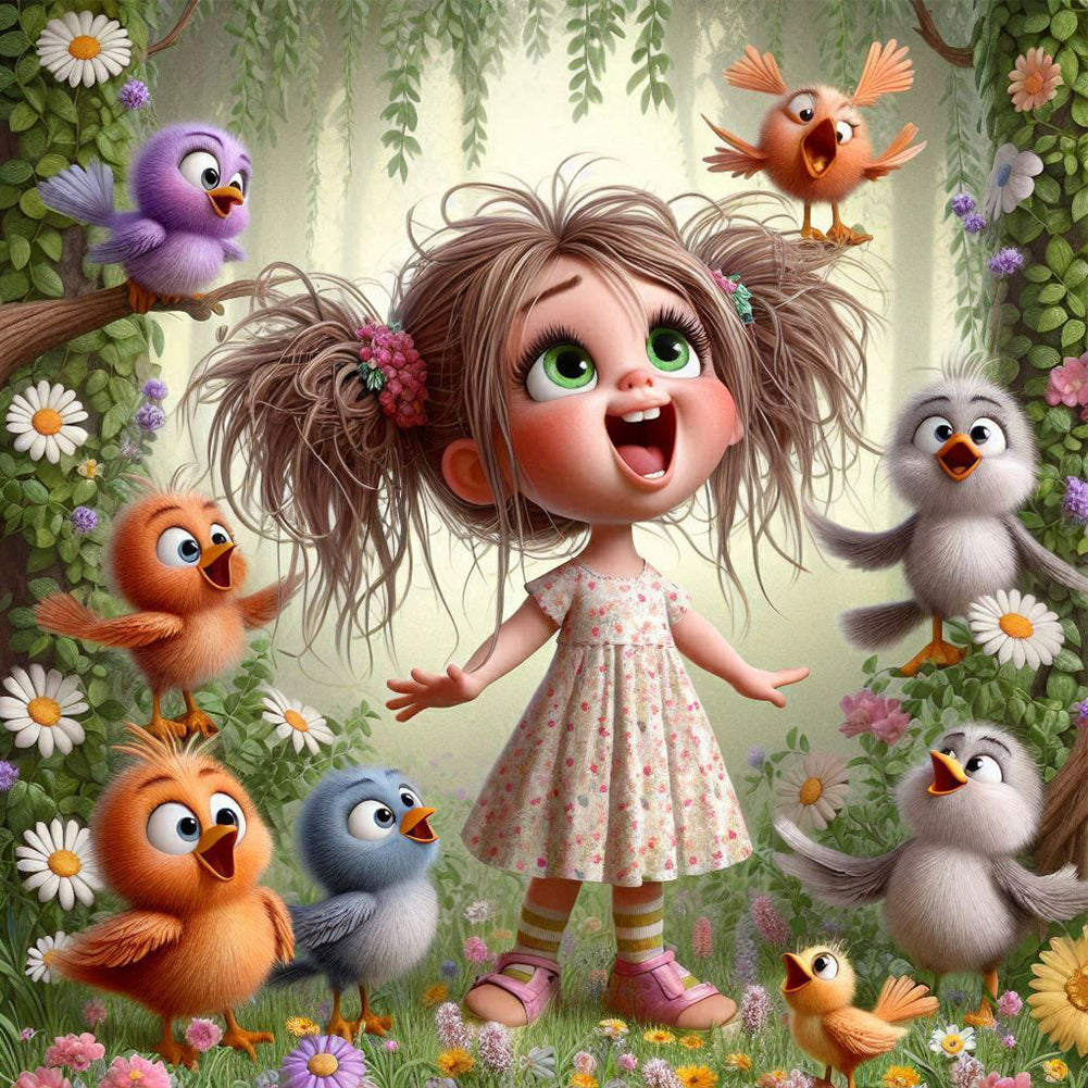 Singing Birds And Girl In The Forest 40*40CM(Canvas) Full Round Drill Diamond Painting