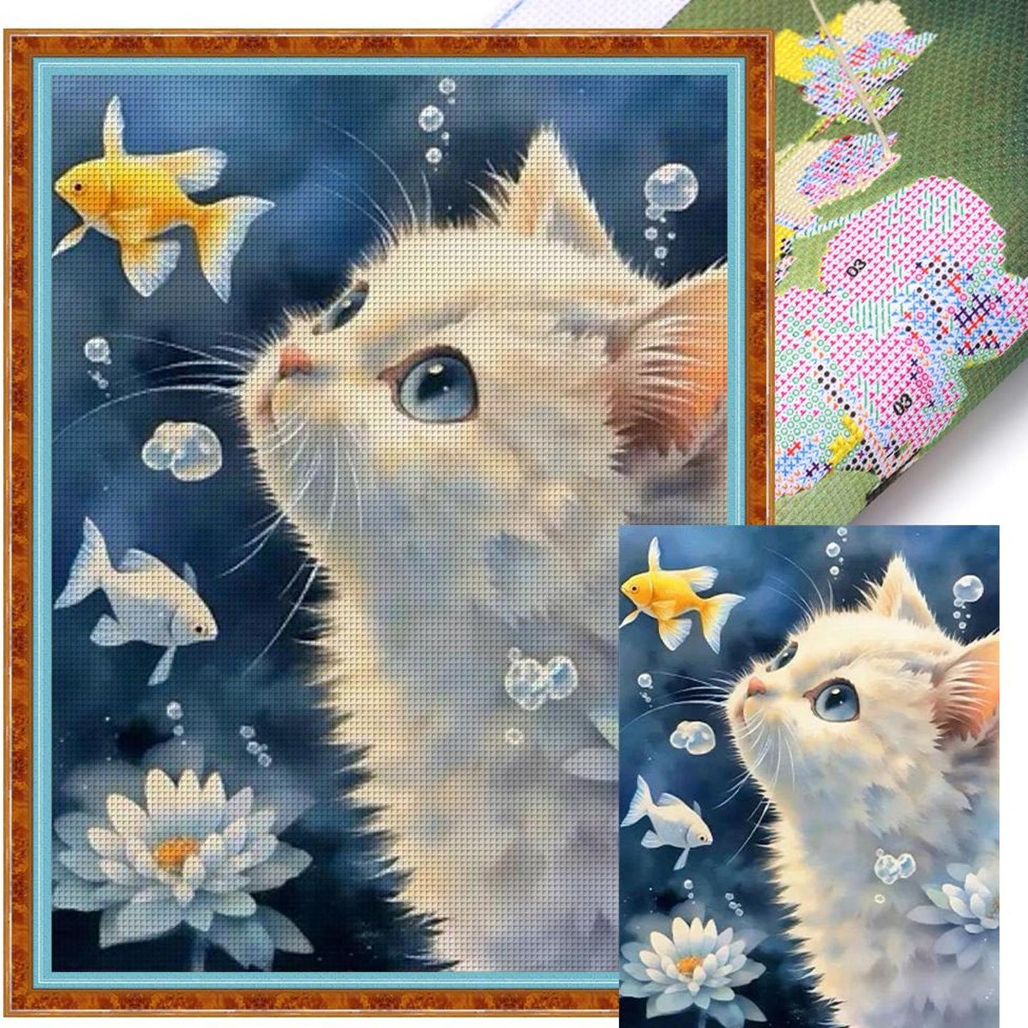 White Cat Watching Fish - Full 11CT Stamped Cross Stitch 40x53CM - Yishu