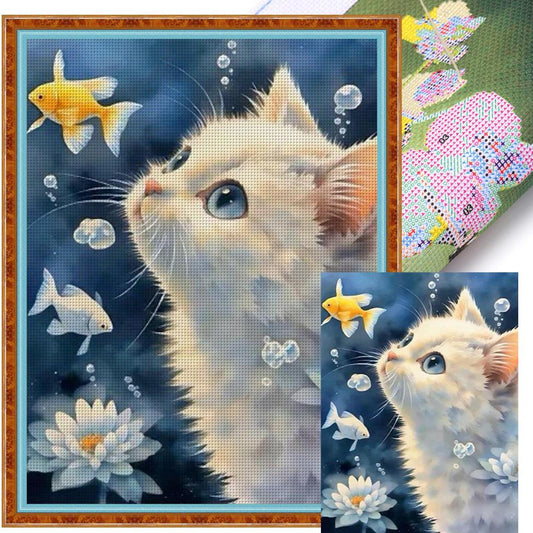 White Cat Watching Fish - Full 11CT Stamped Cross Stitch 40x53CM - Yishu