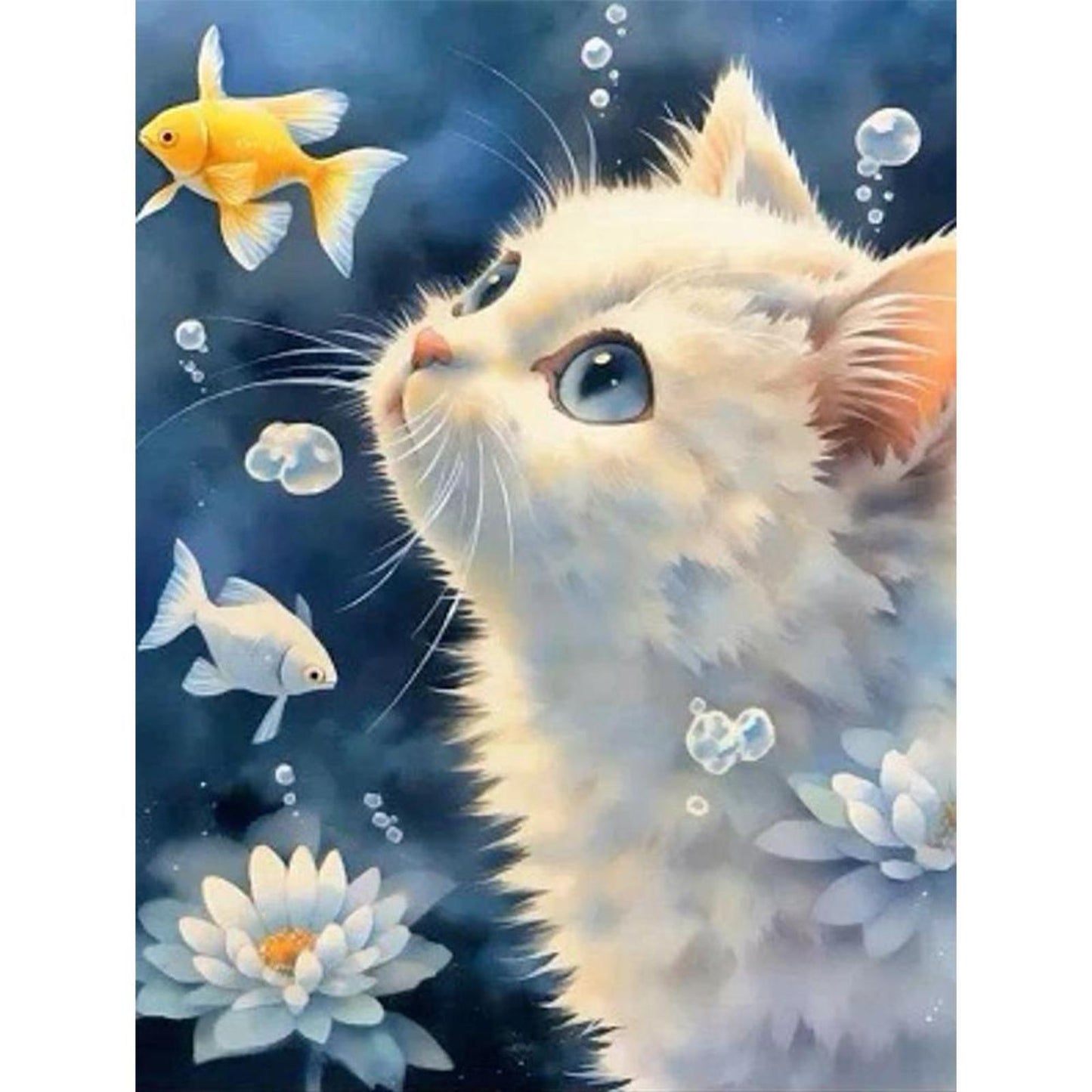 White Cat Watching Fish - Full 11CT Stamped Cross Stitch 40x53CM - Yishu