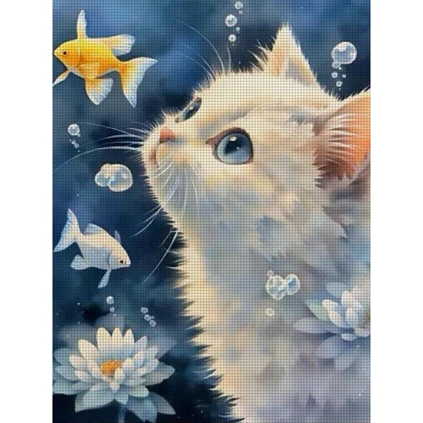 White Cat Watching Fish - Full 11CT Stamped Cross Stitch 40x53CM - Yishu