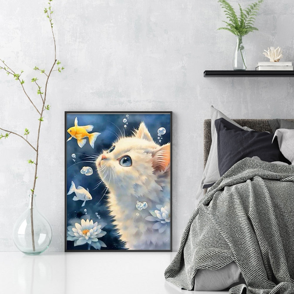 White Cat Watching Fish - Full 11CT Stamped Cross Stitch 40x53CM - Yishu