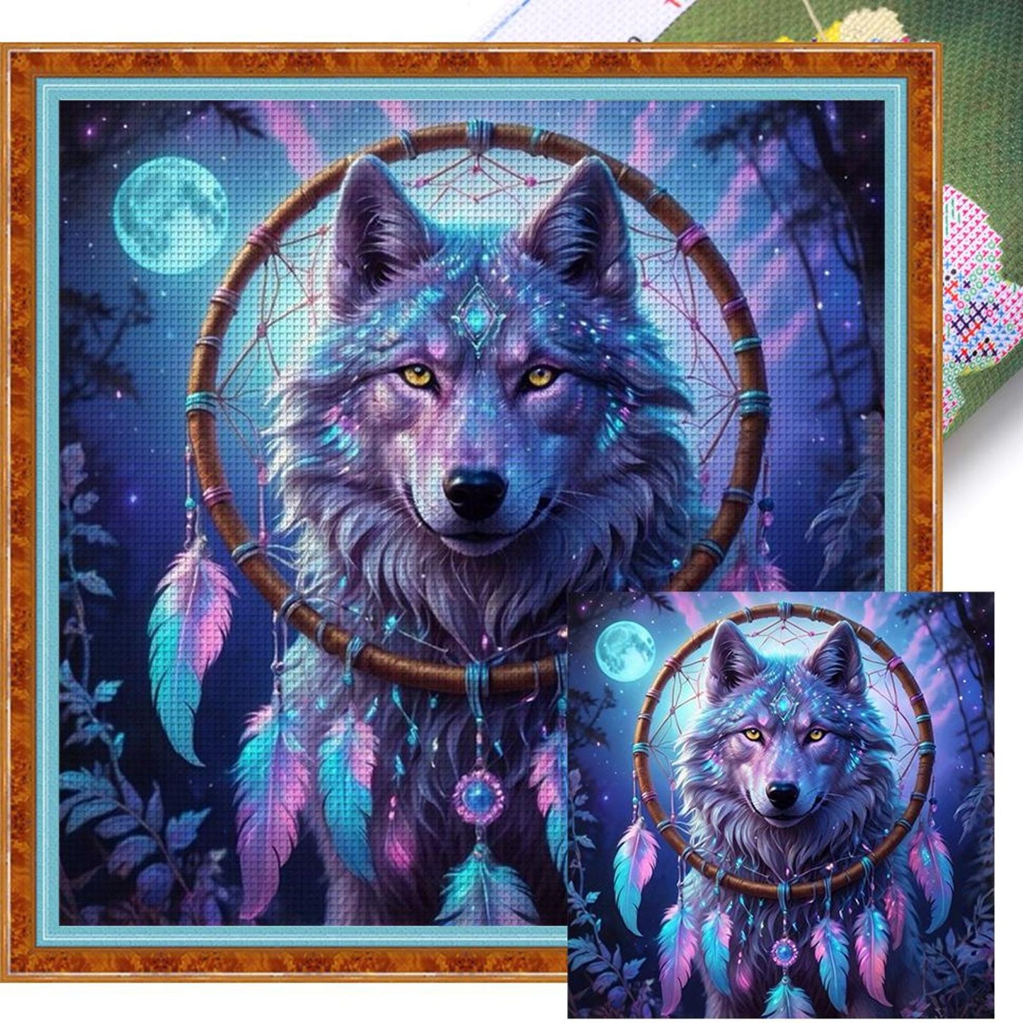 Purple Wolf Dreamcatcher - Full 14CT Stamped Cross Stitch 50x50CM - Huacan