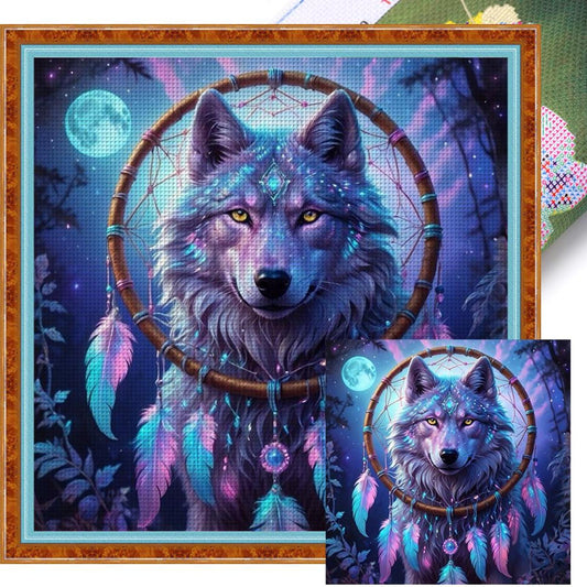 Purple Wolf Dreamcatcher - Full 14CT Stamped Cross Stitch 50x50CM - Huacan