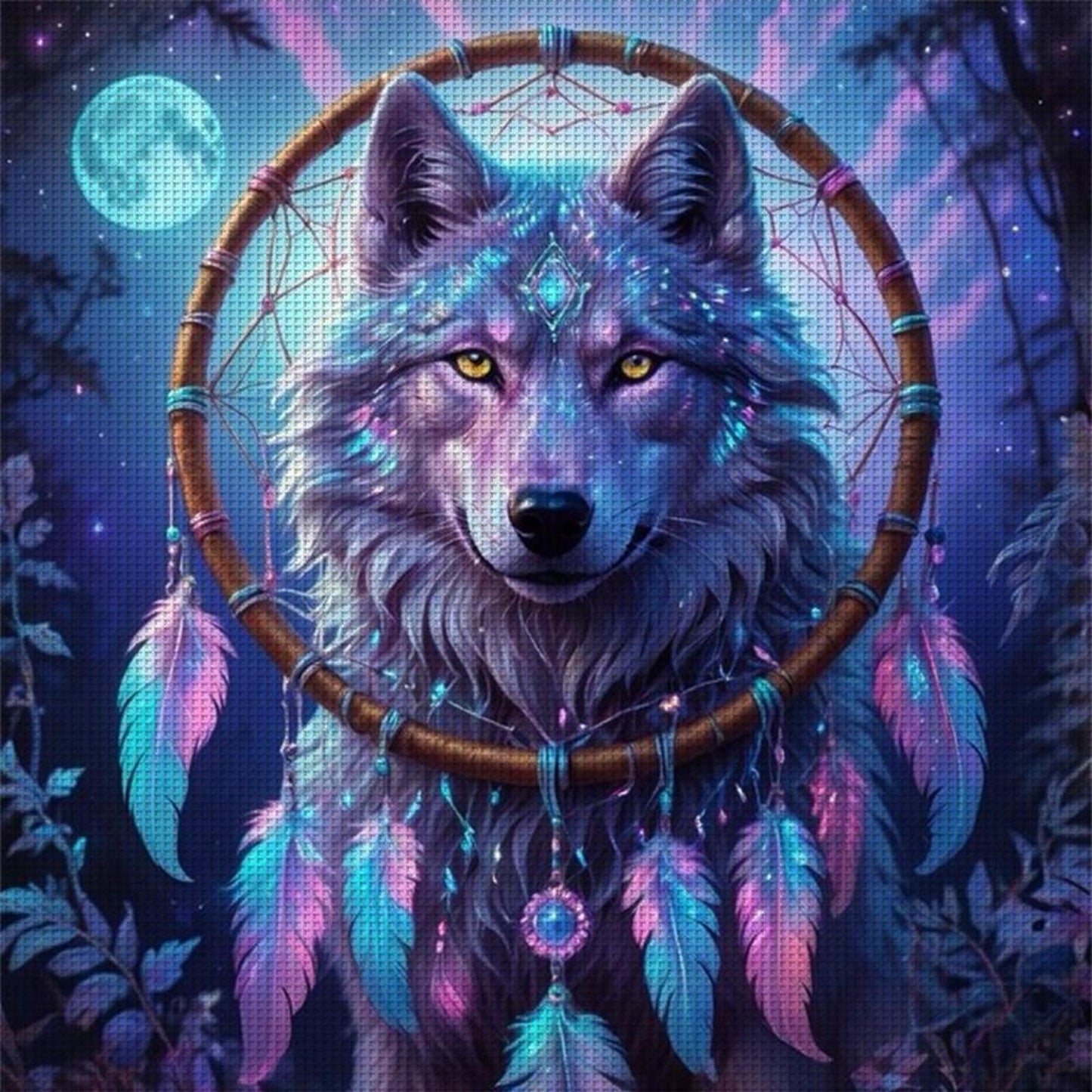 Purple Wolf Dreamcatcher - Full 14CT Stamped Cross Stitch 50x50CM - Huacan