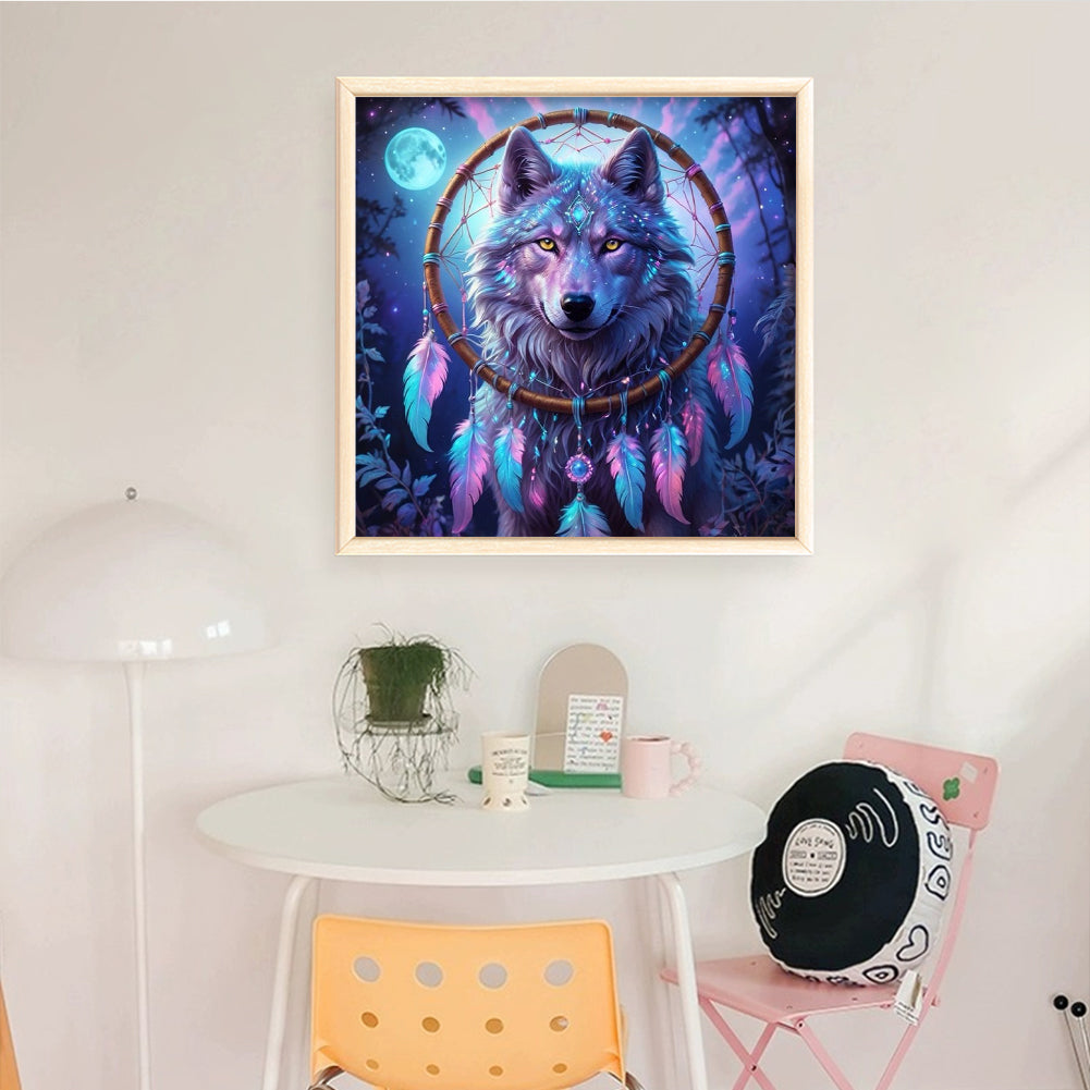 Purple Wolf Dreamcatcher - Full 14CT Stamped Cross Stitch 50x50CM - Huacan