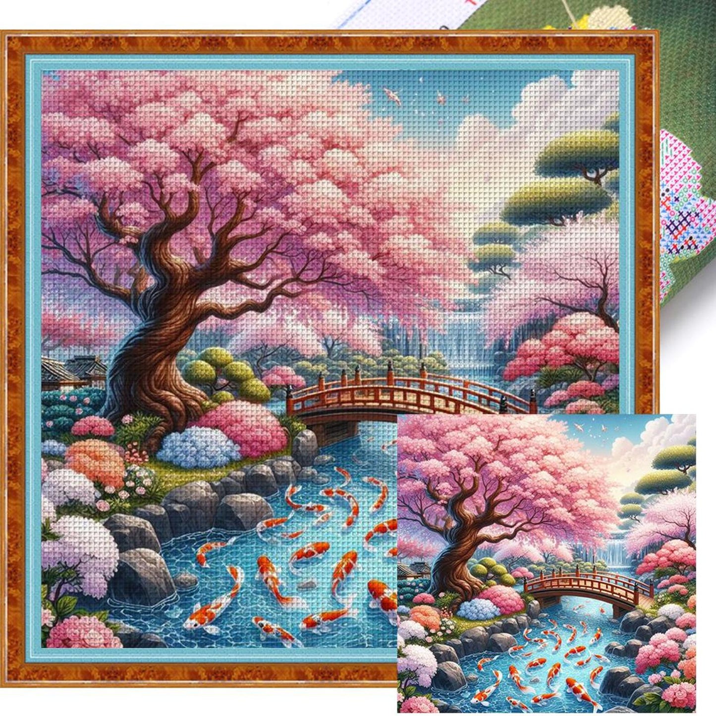 Koi Under Cherry Blossom Tree - Full 14CT Stamped Cross Stitch 50x50CM - Huacan