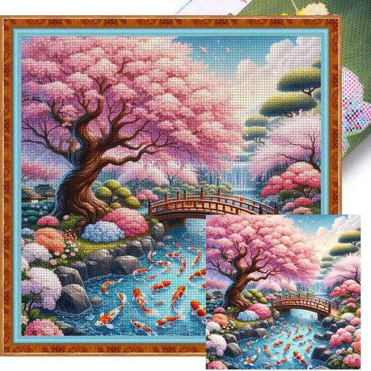 Koi Under Cherry Blossom Tree - Full 14CT Stamped Cross Stitch 50x50CM - Huacan