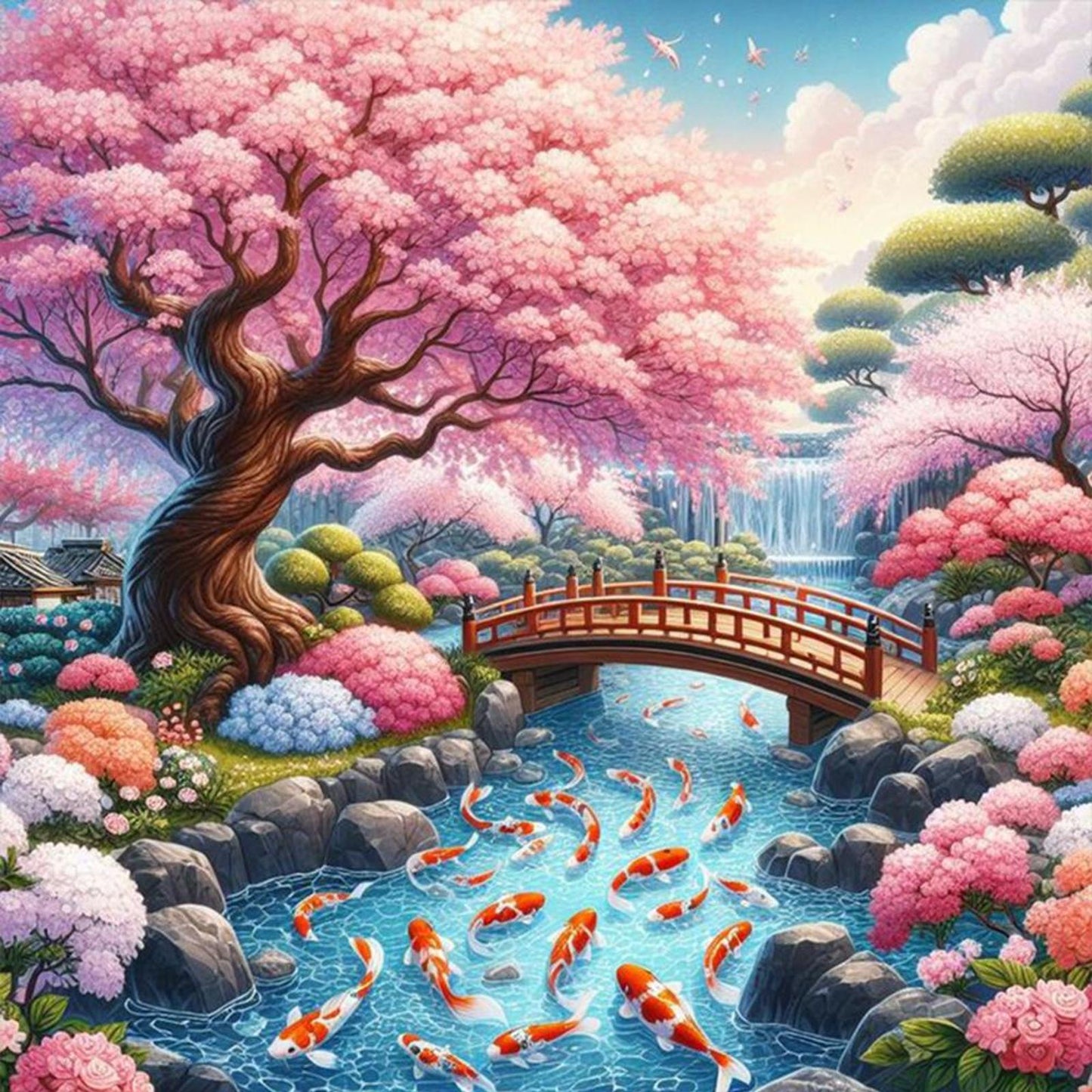 Koi Under Cherry Blossom Tree - Full 14CT Stamped Cross Stitch 50x50CM - Huacan