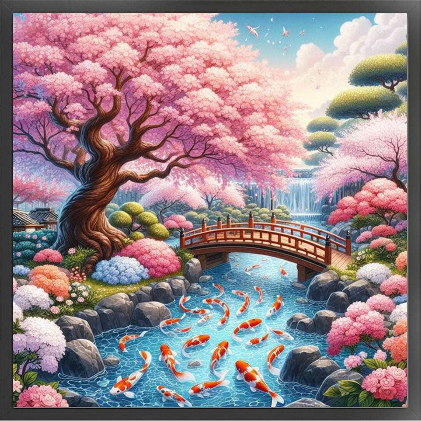 Koi Under Cherry Blossom Tree - Full 14CT Stamped Cross Stitch 50x50CM - Huacan