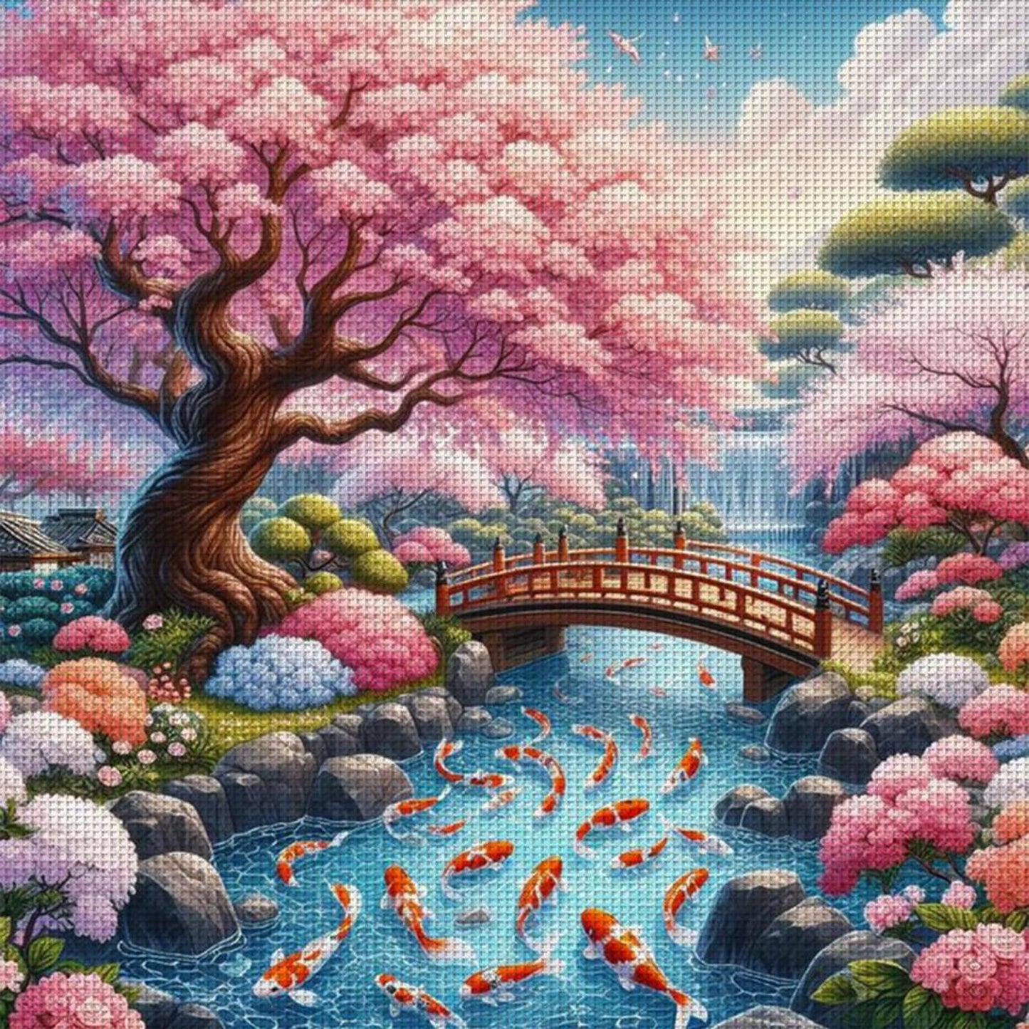 Koi Under Cherry Blossom Tree - Full 14CT Stamped Cross Stitch 50x50CM - Huacan