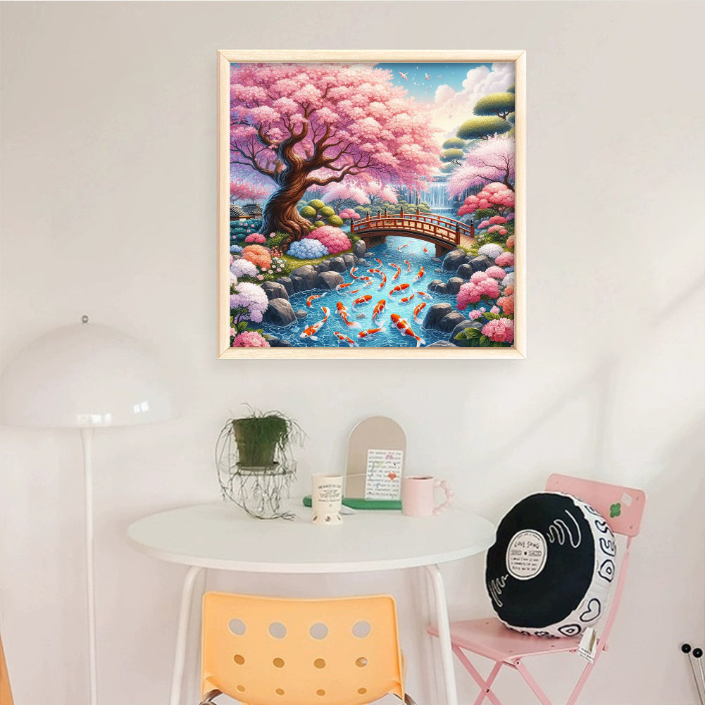 Koi Under Cherry Blossom Tree - Full 14CT Stamped Cross Stitch 50x50CM - Huacan
