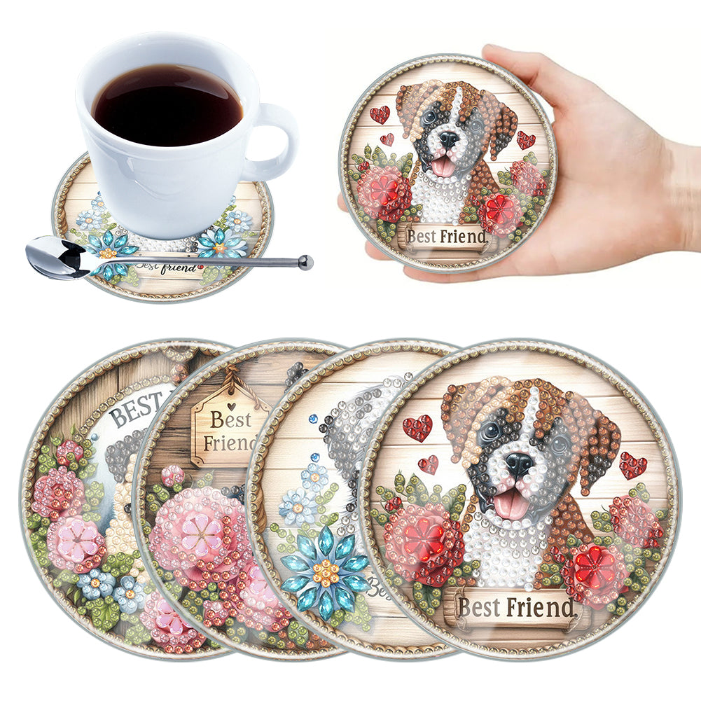 4pcs Set DIY Puppy Full Drill Diamond Painting Coaster Can Be Washed With Water