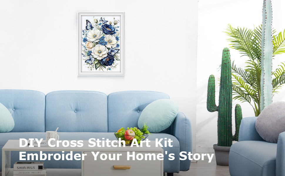 Blue And White Flowers - Full 11CT Stamped Cross Stitch 40x60CM - Huacan