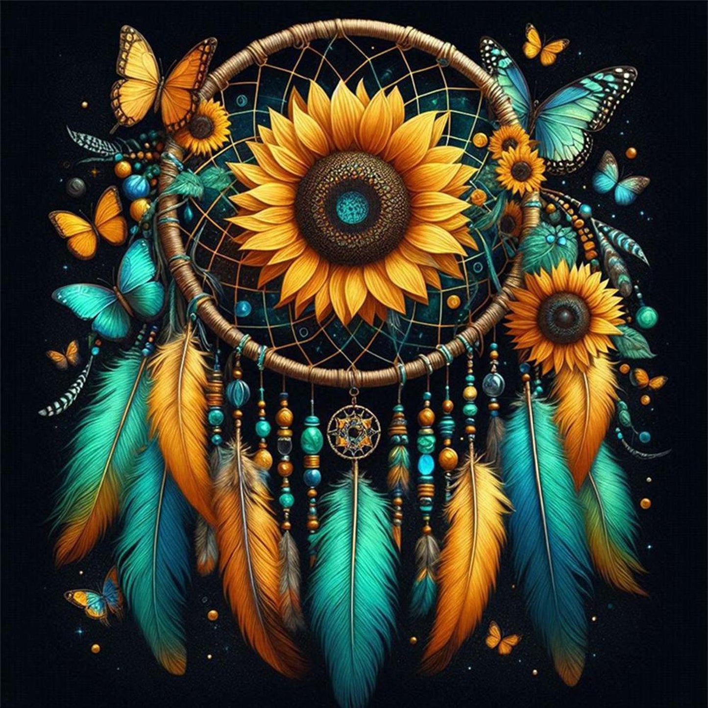Sunflower Dreamcatcher - Full 14CT Stamped Cross Stitch 40x40CM - Huacan