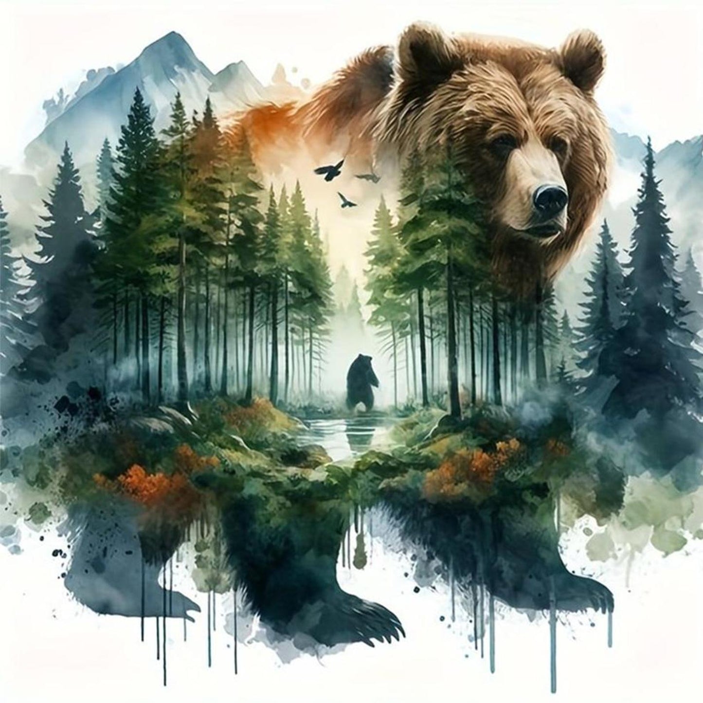 Watercolor Forest Bear - Full 11CT Stamped Cross Stitch 50x50CM - Huacan