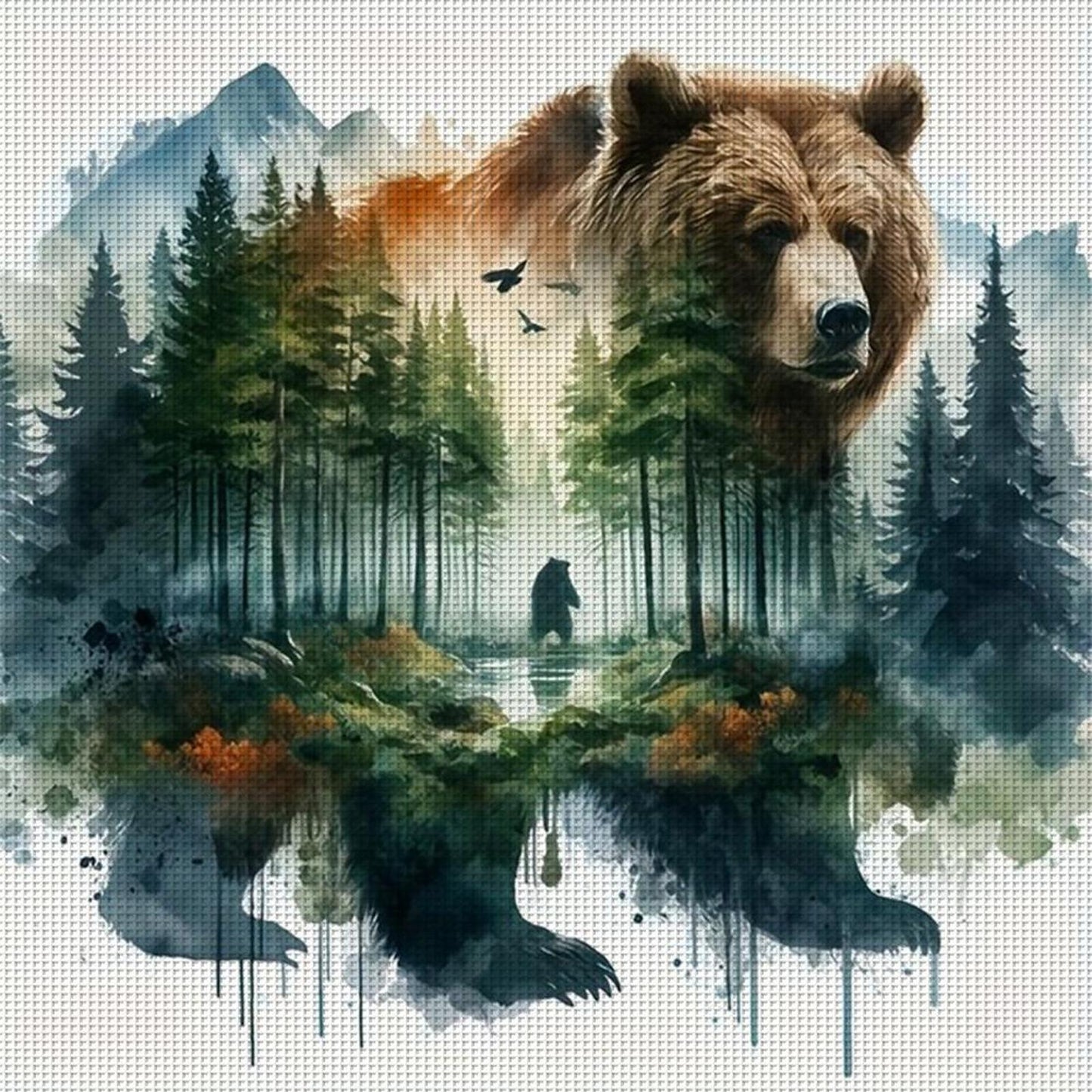 Watercolor Forest Bear - Full 11CT Stamped Cross Stitch 50x50CM - Huacan