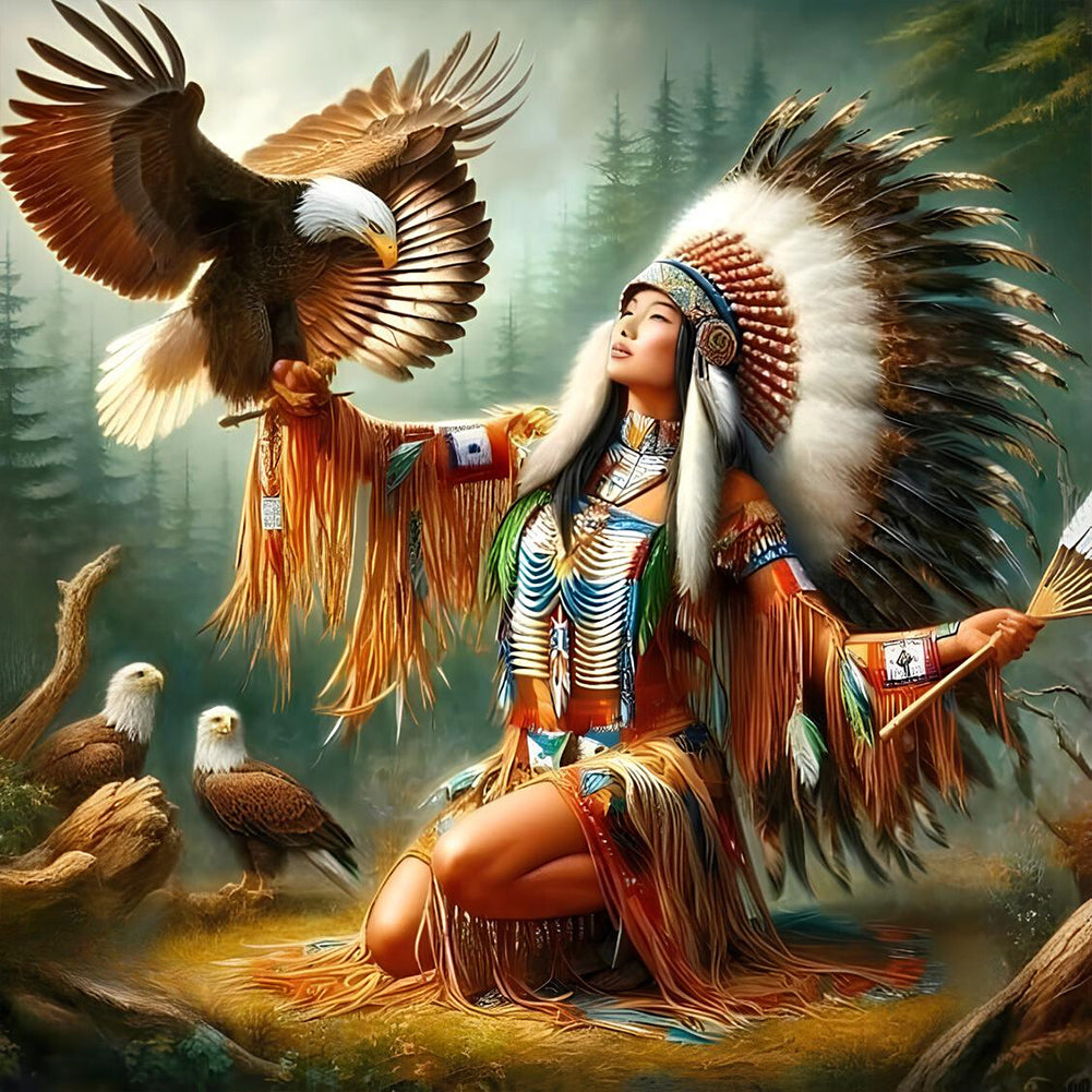 Eagle And Indian Woman 40*40CM(Canvas) Full Round Drill Diamond Painting