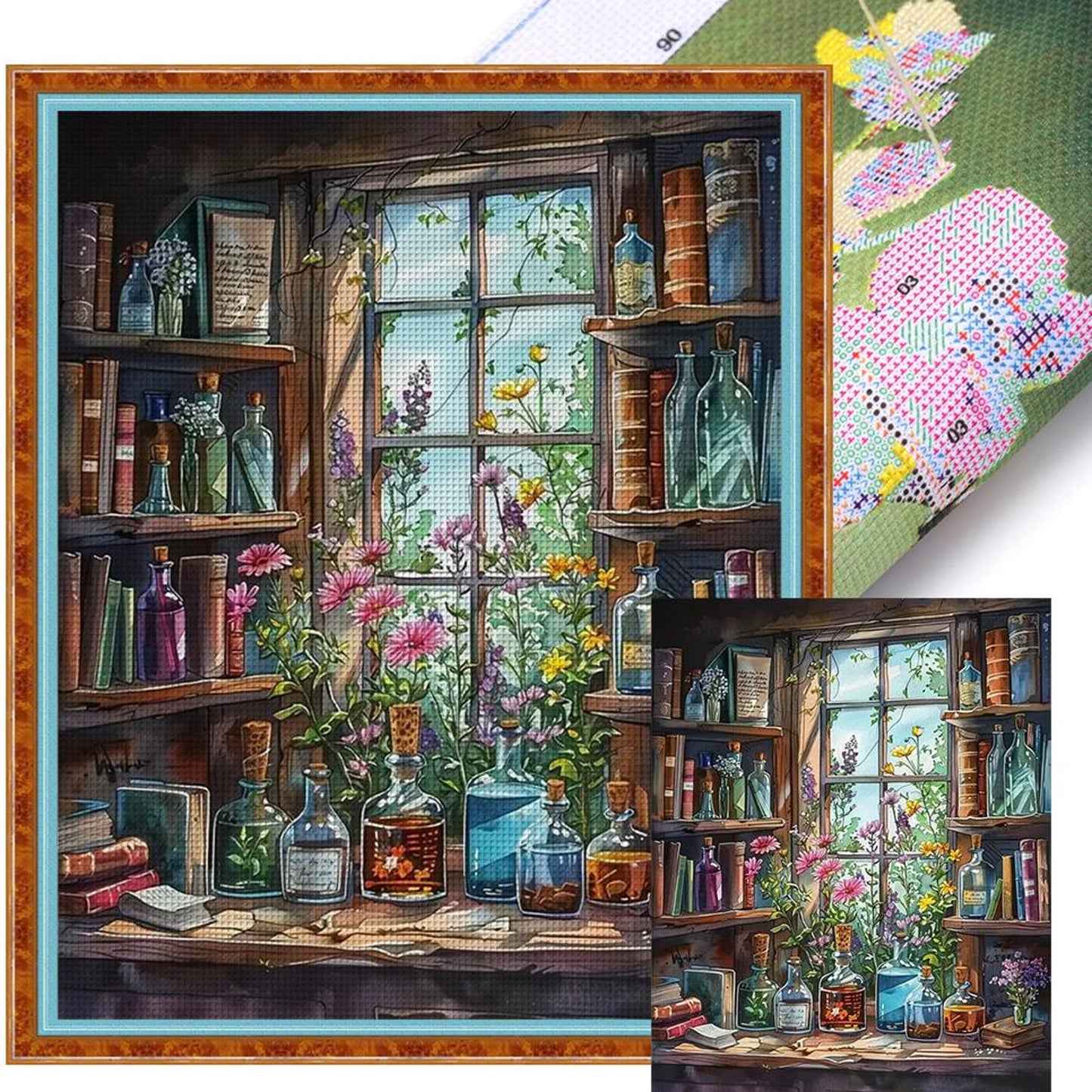 Bookshelf By Window - Full 11CT Stamped Cross Stitch 40x50CM - Huacan