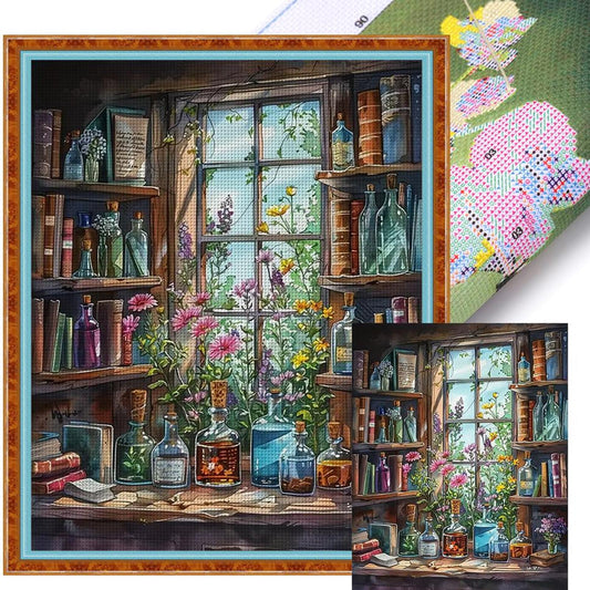 Bookshelf By Window - Full 11CT Stamped Cross Stitch 40x50CM - Huacan