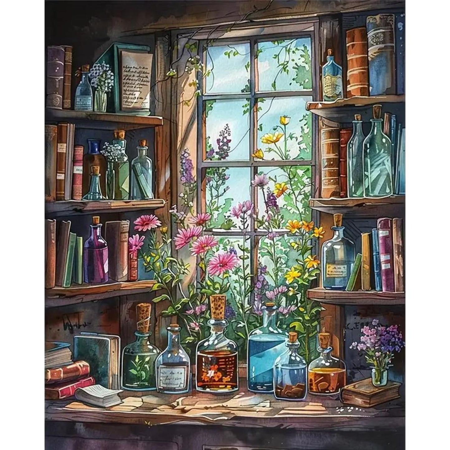 Bookshelf By Window - Full 11CT Stamped Cross Stitch 40x50CM - Huacan