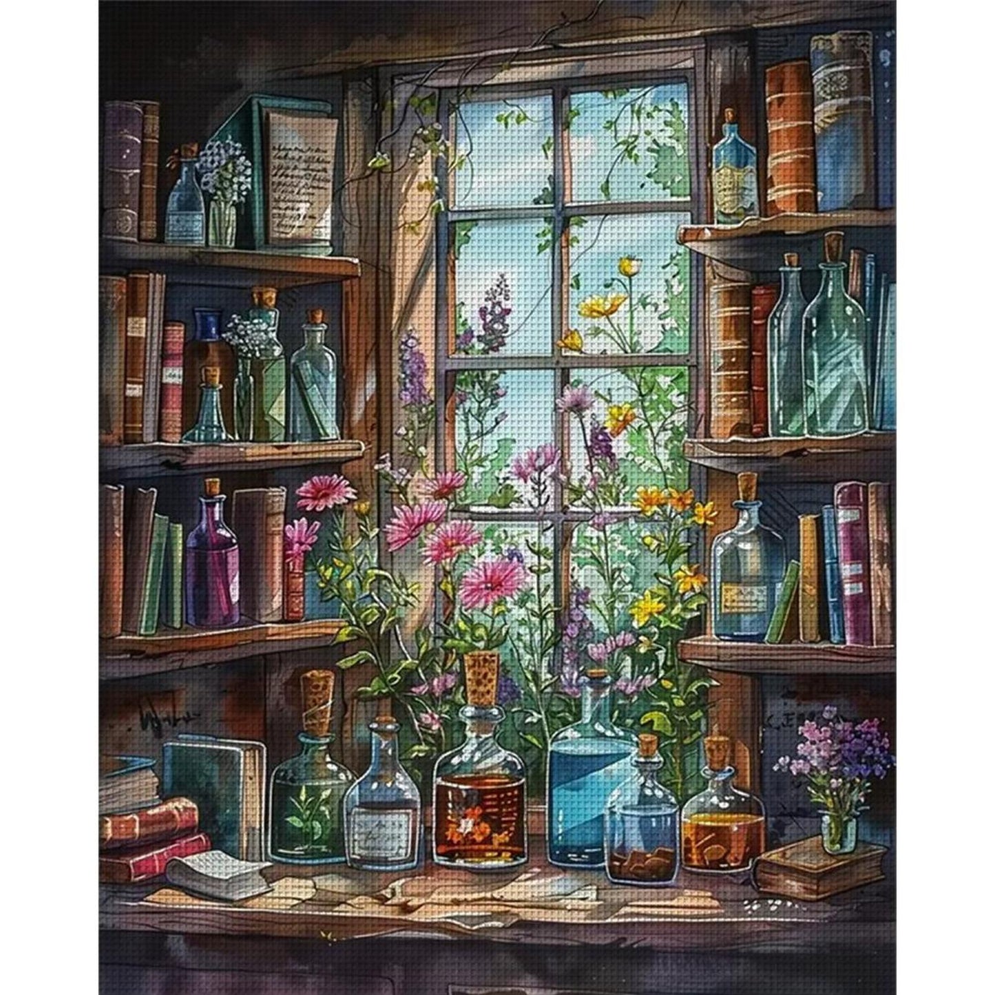 Bookshelf By Window - Full 11CT Stamped Cross Stitch 40x50CM - Huacan
