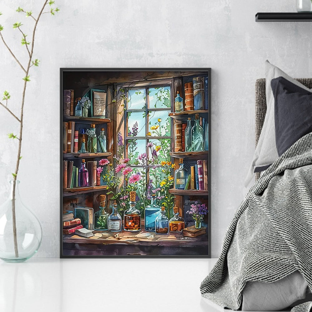 Bookshelf By Window - Full 11CT Stamped Cross Stitch 40x50CM - Huacan