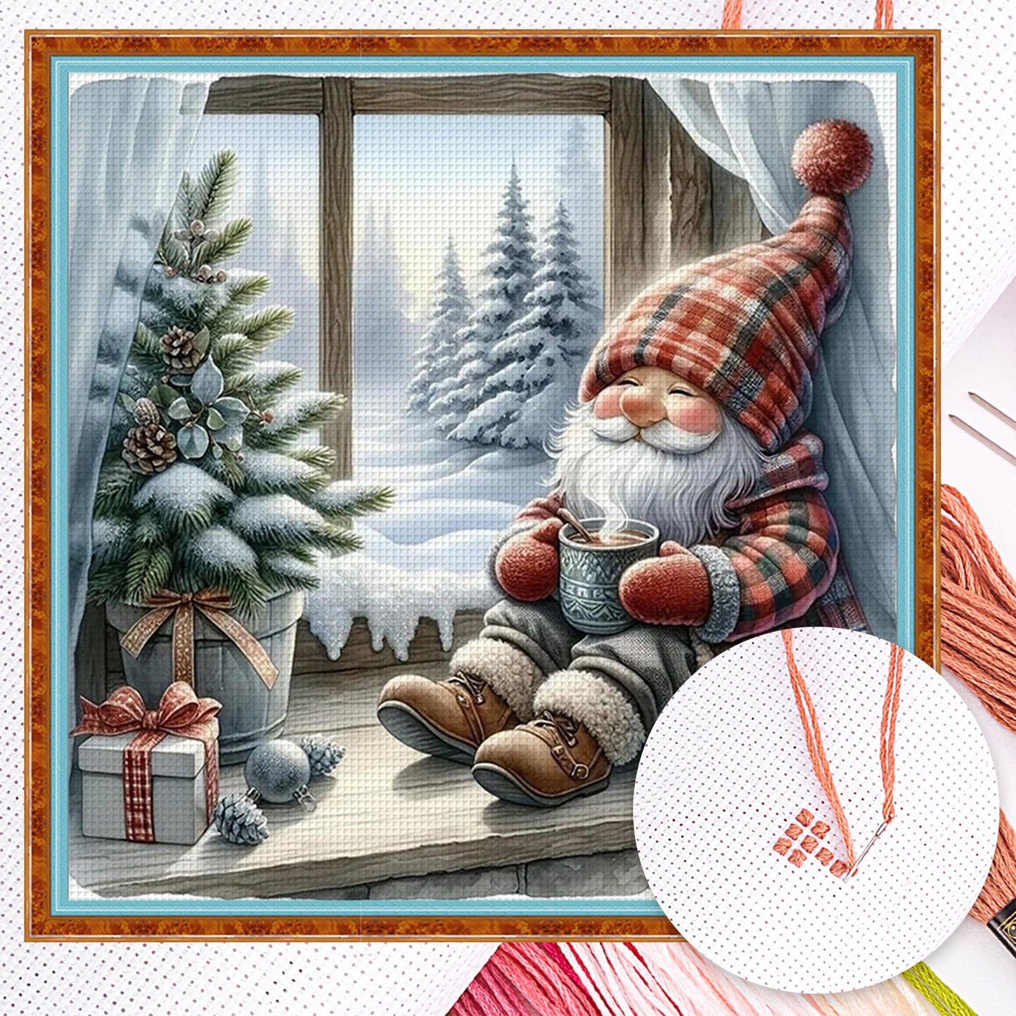 Goblin By Window In Winter - Full 11CT Counted Cross Stitch 40x40CM - Yishu