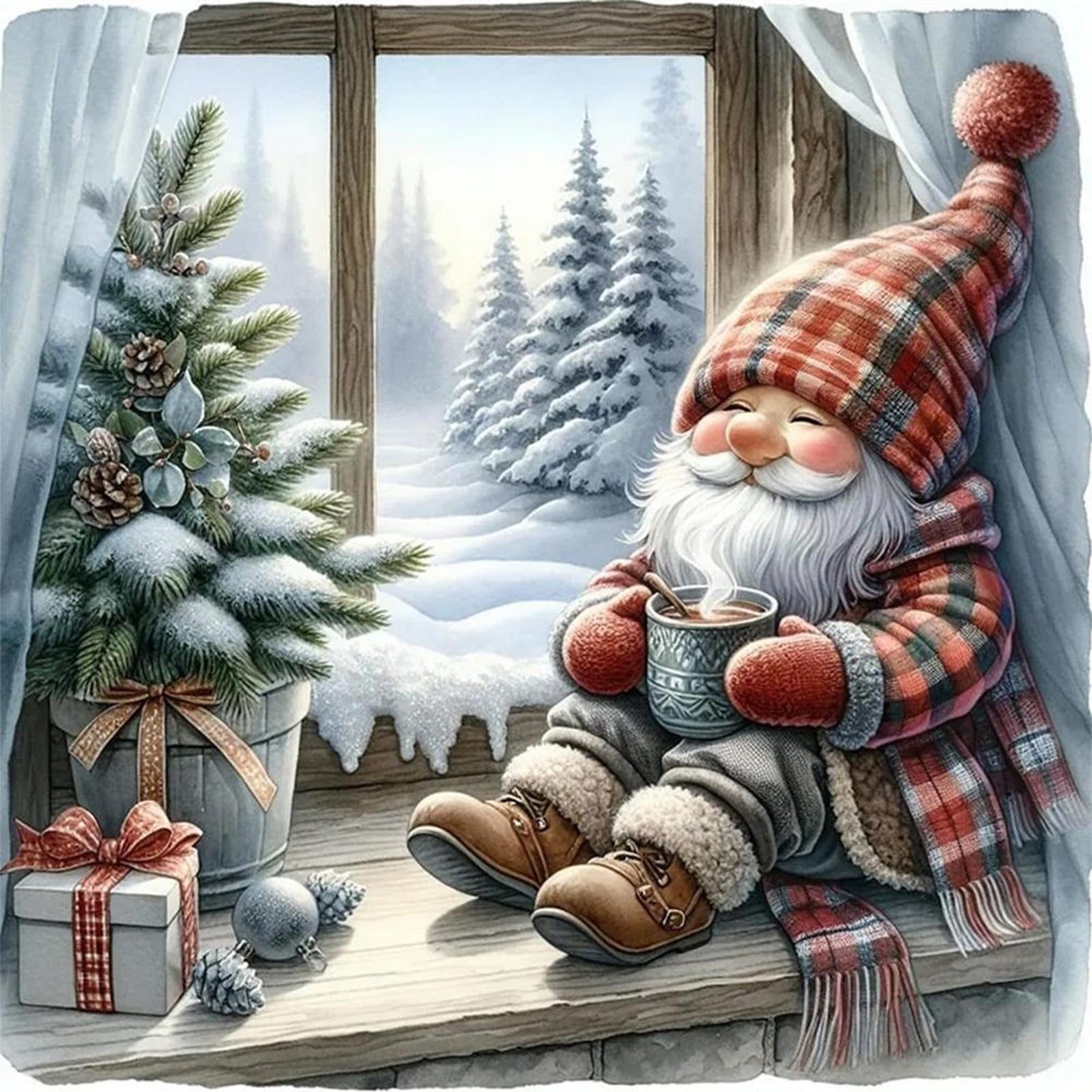 Goblin By Window In Winter - Full 11CT Counted Cross Stitch 40x40CM - Yishu