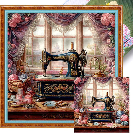 Vintage Sewing Machine - Full 14CT Stamped Cross Stitch 40x40CM - Huacan