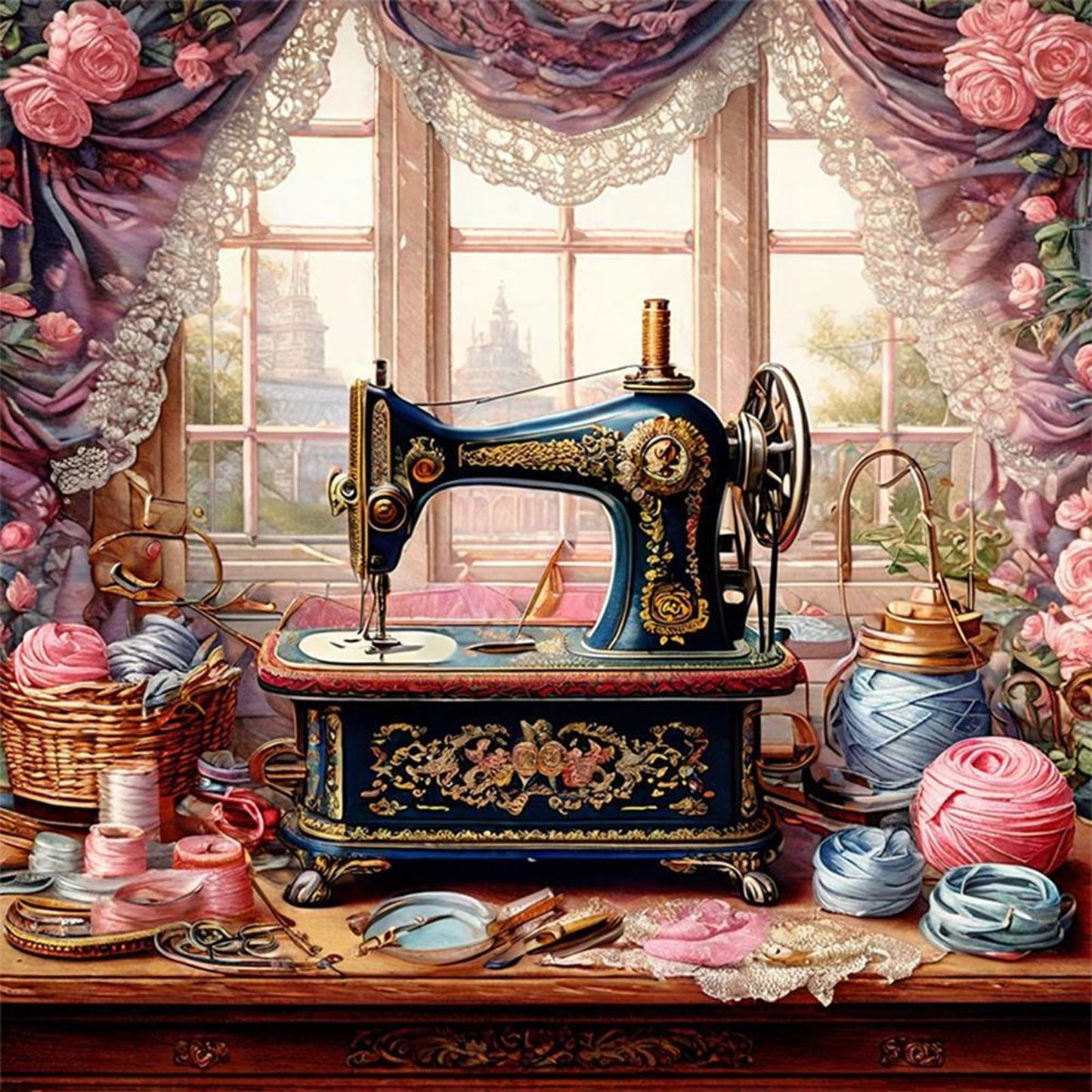 Vintage Sewing Machine - Full 14CT Stamped Cross Stitch 40x40CM - Huacan