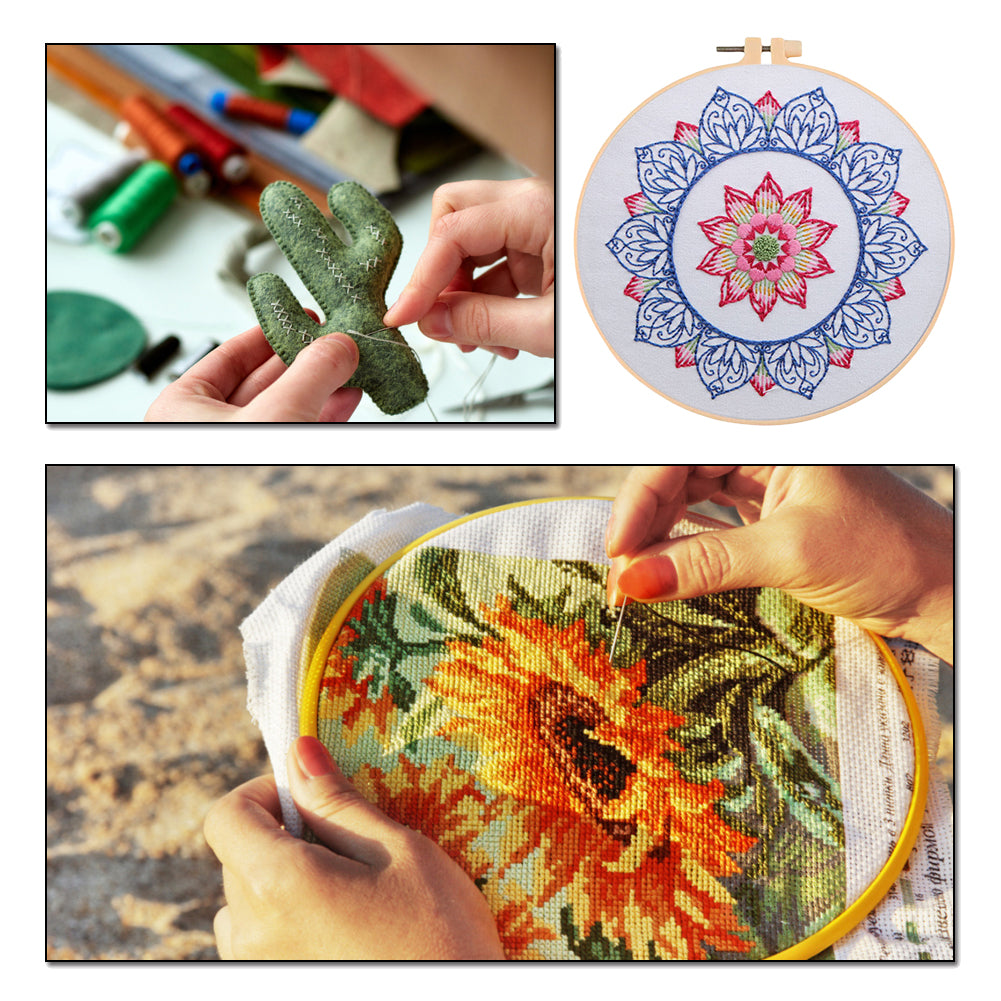 Lotus In Rain - DIY Embroidery Cross Stitch Kit with Pattern Cotton Threads Needles Hoop 30x30CM/11.81x11.81in