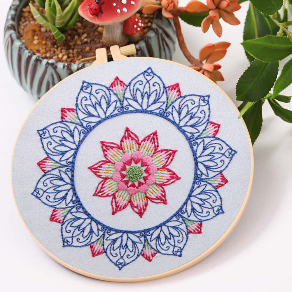 Lotus In Rain - DIY Embroidery Cross Stitch Kit with Pattern Cotton Threads Needles Hoop 30x30CM/11.81x11.81in
