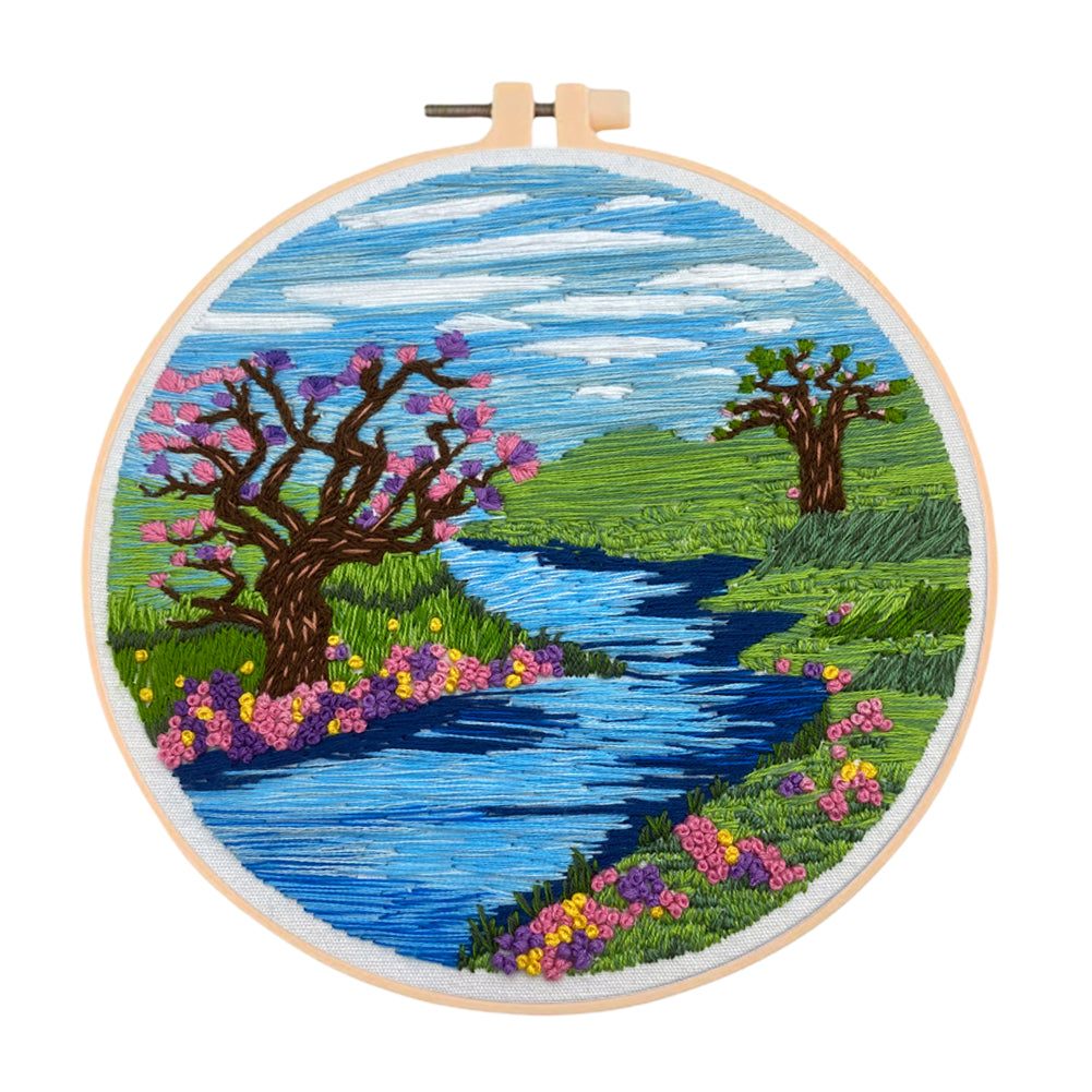 Lake & Sky View - DIY Embroidery Cross Stitch Kit with Pattern Cotton Threads Needles Hoop 30x30CM/11.81x11.81in