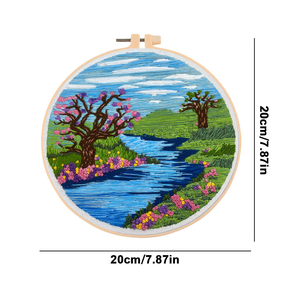 Lake & Sky View - DIY Embroidery Cross Stitch Kit with Pattern Cotton Threads Needles Hoop 30x30CM/11.81x11.81in