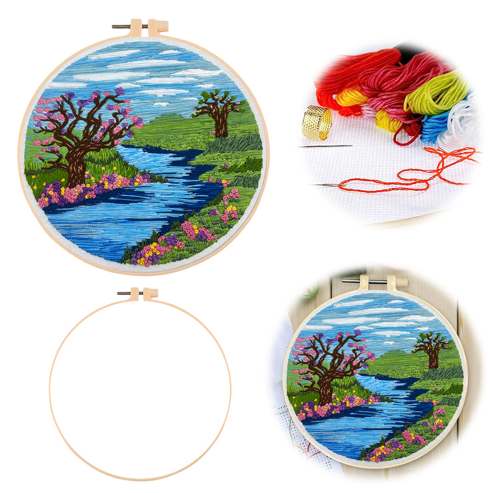Lake & Sky View - DIY Embroidery Cross Stitch Kit with Pattern Cotton Threads Needles Hoop 30x30CM/11.81x11.81in