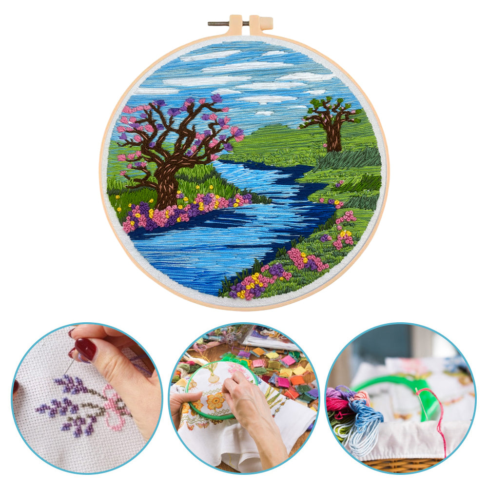 Lake & Sky View - DIY Embroidery Cross Stitch Kit with Pattern Cotton Threads Needles Hoop 30x30CM/11.81x11.81in