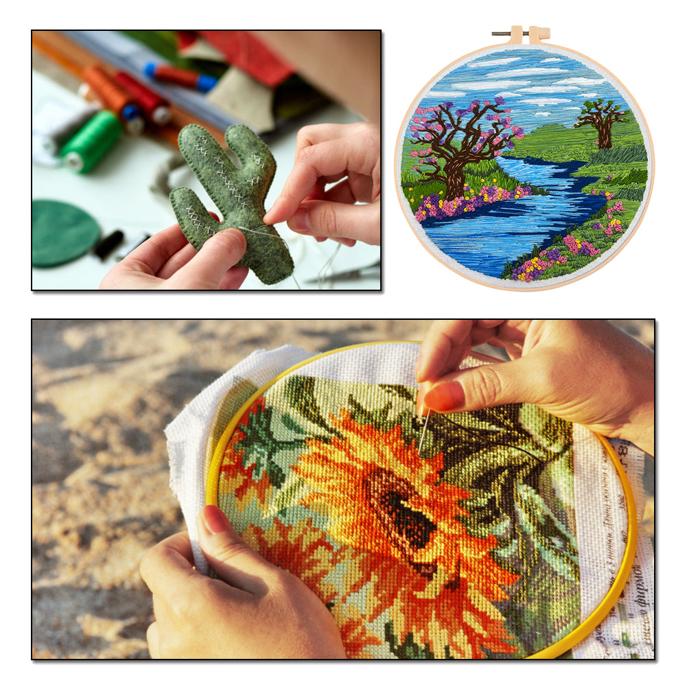 Lake & Sky View - DIY Embroidery Cross Stitch Kit with Pattern Cotton Threads Needles Hoop 30x30CM/11.81x11.81in