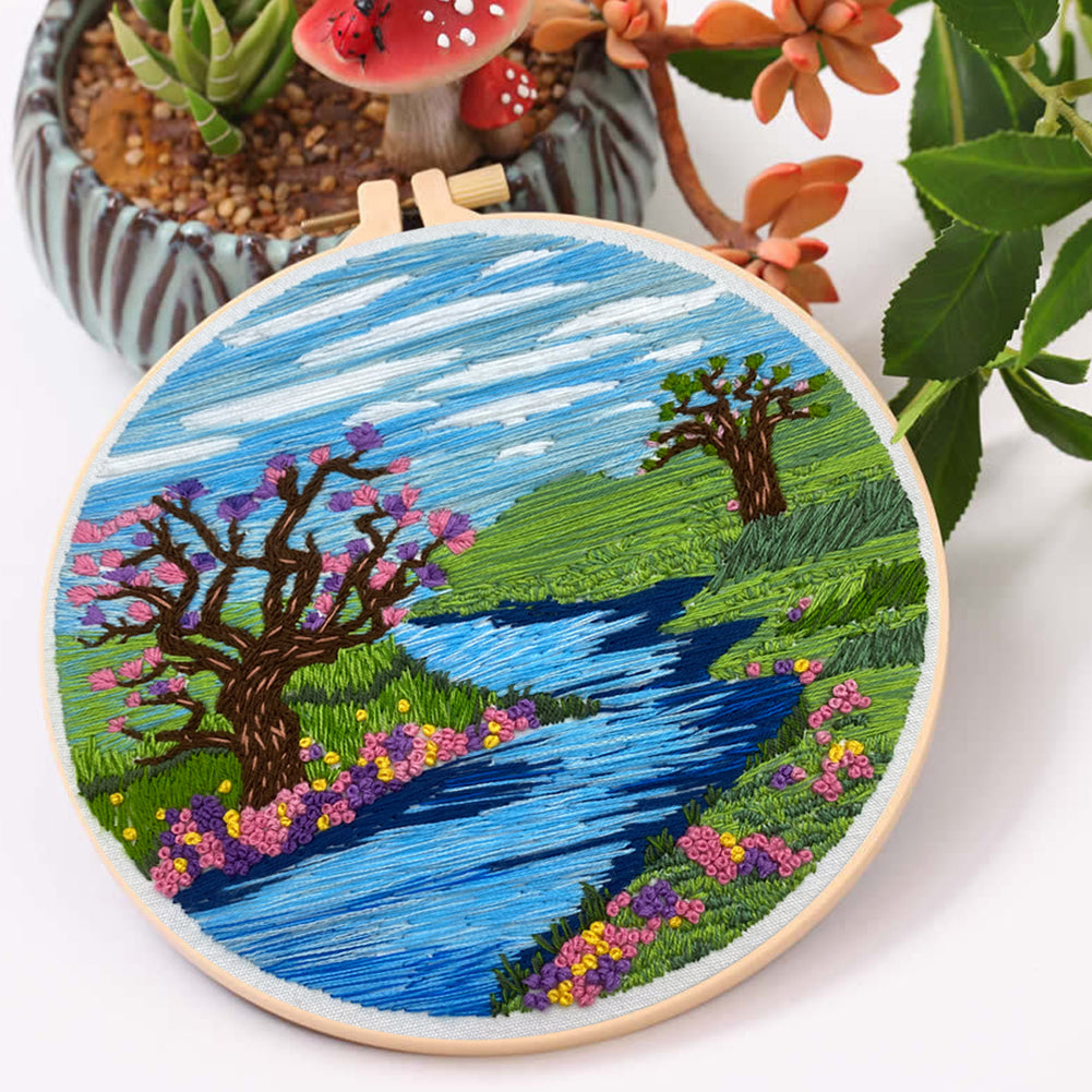 Lake & Sky View - DIY Embroidery Cross Stitch Kit with Pattern Cotton Threads Needles Hoop 30x30CM/11.81x11.81in